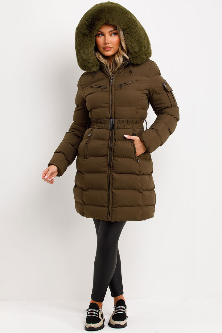 Lillie | Women’s longline belted puffer coat with faux fur hood