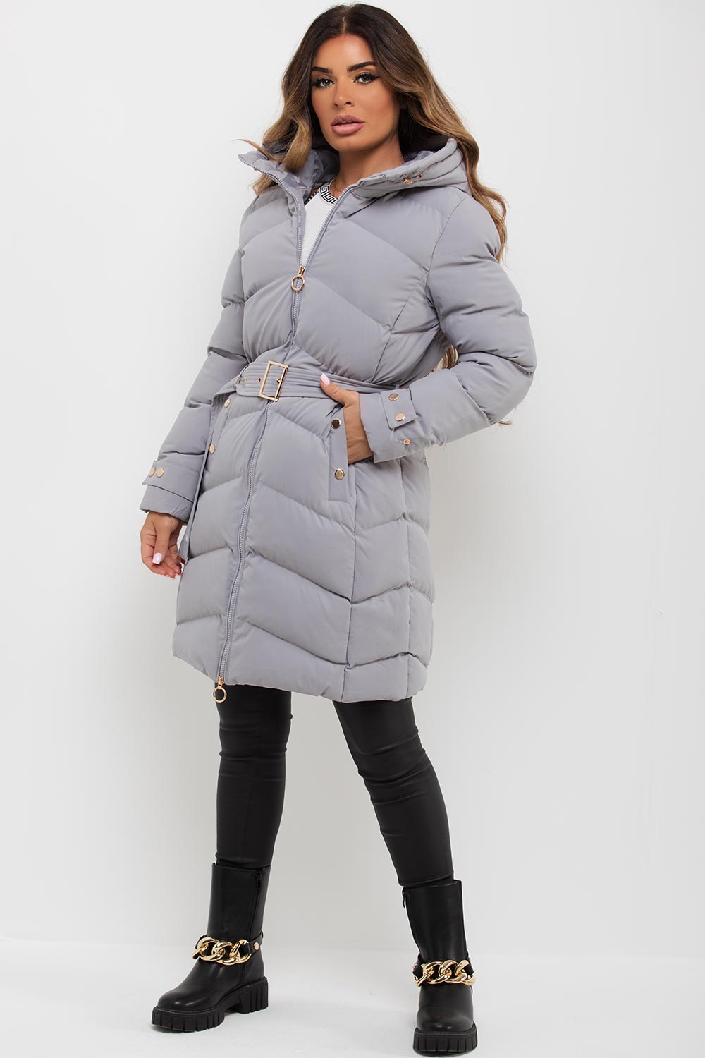 Lilia | Women’s long puffer coat with belt and hood
