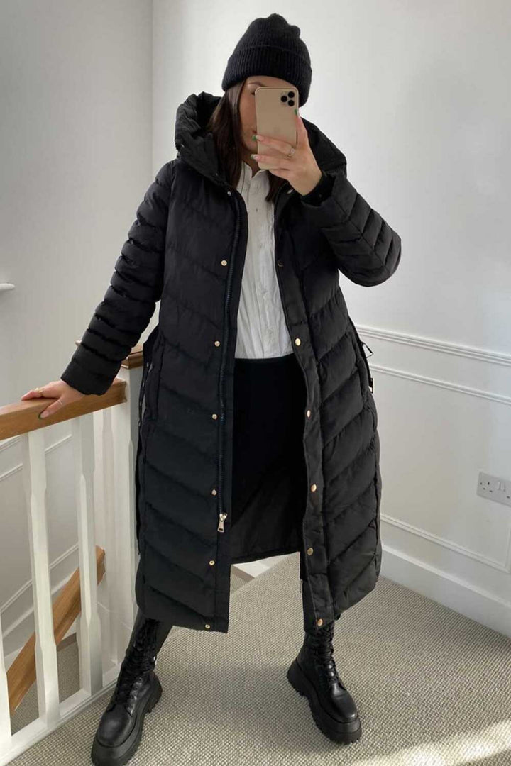 Lara | Women’s longline belted puffer coat with hood