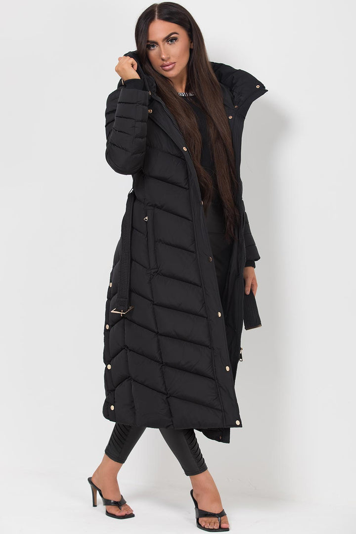 Lara | Women’s longline belted puffer coat with hood