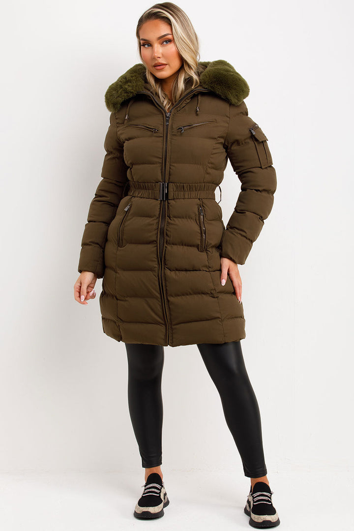 Lillie | Women’s longline belted puffer coat with faux fur hood