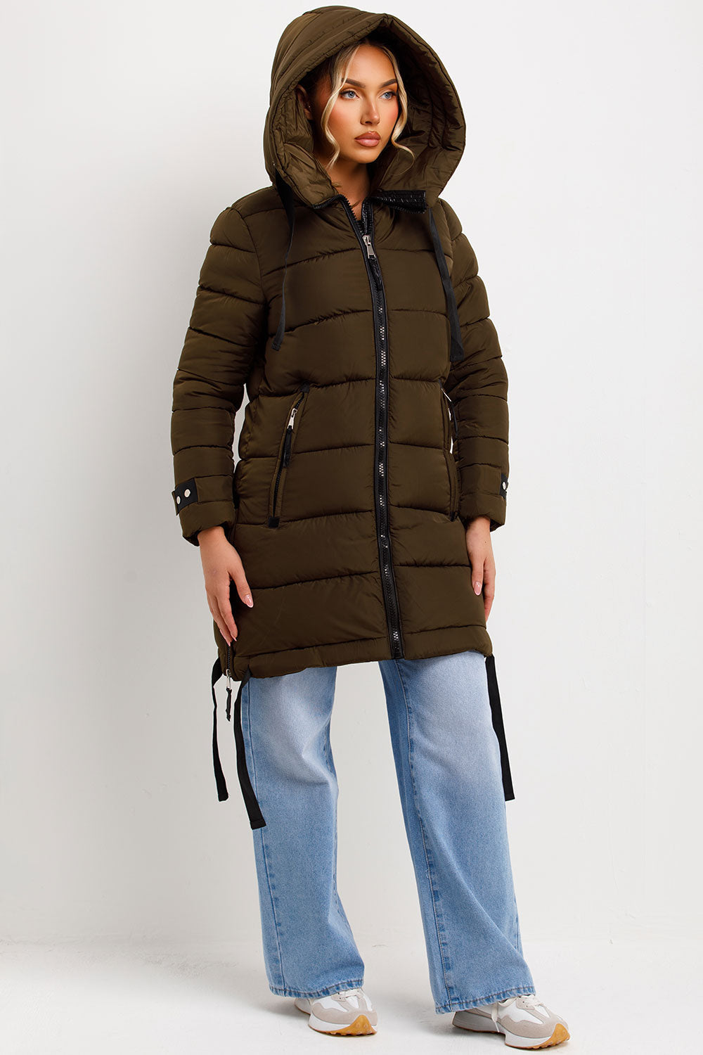 Solana | Women’s long hooded puffer coat with side strap detail