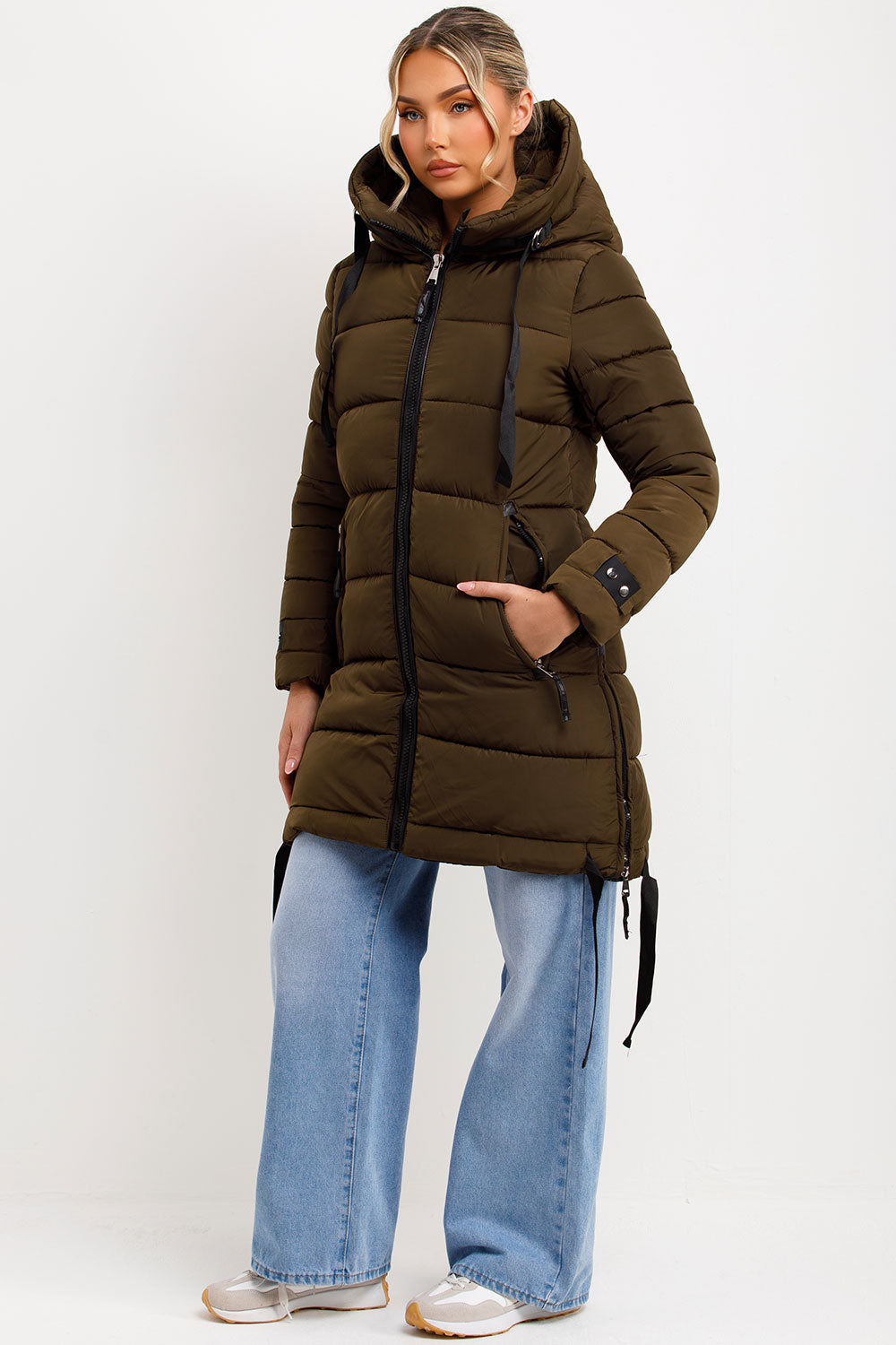 Solana | Women’s long hooded puffer coat with side strap detail