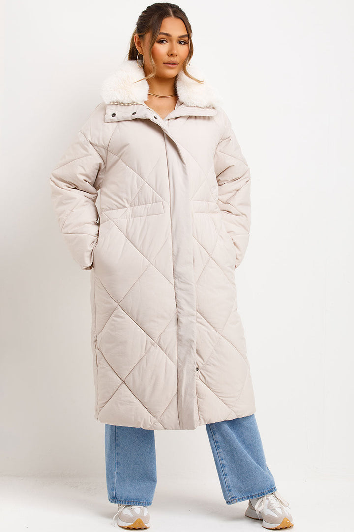 Geline | Women’s long quilted winter coat with faux fur collar