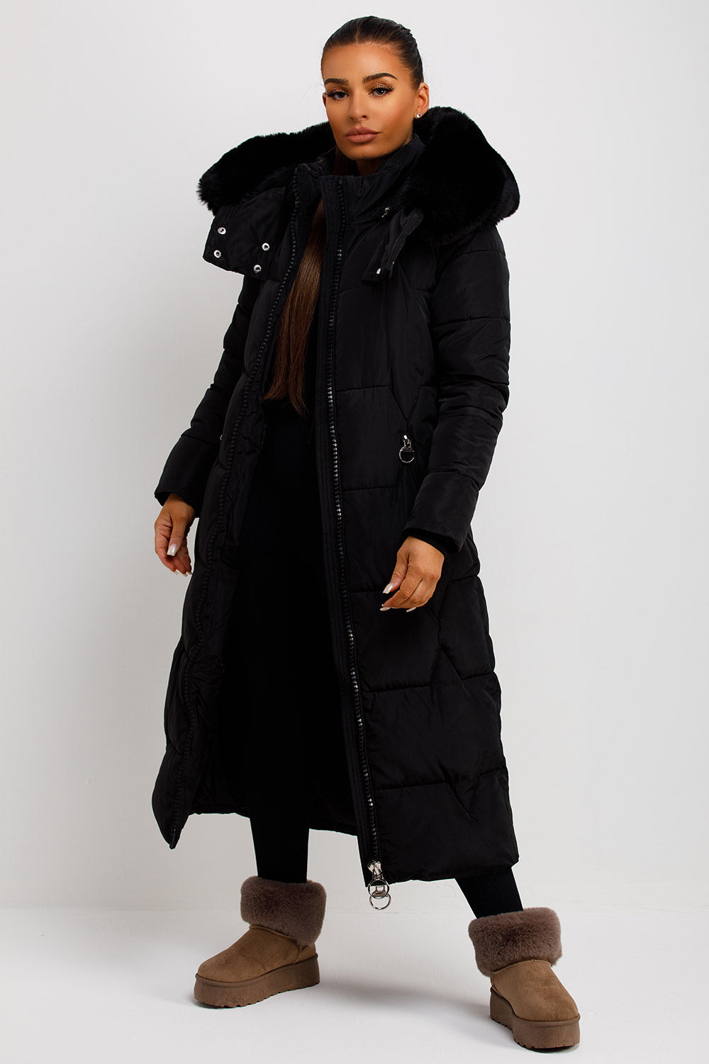 Adaline | Women’s long puffer padded coat with faux fur hood