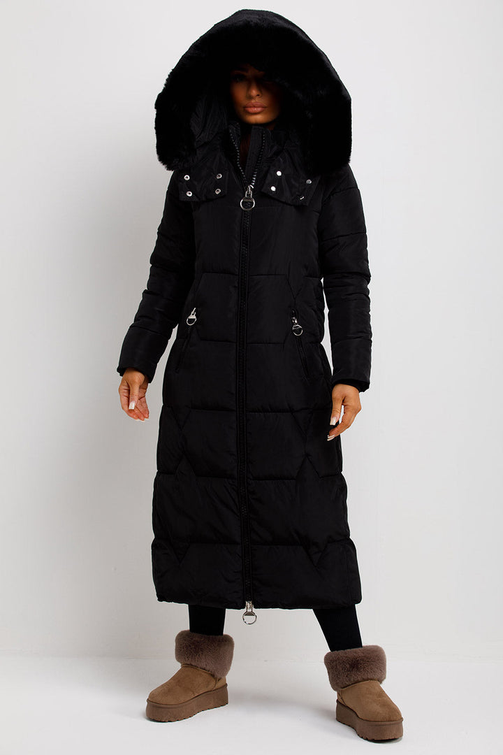 Adaline | Women’s long puffer padded coat with faux fur hood