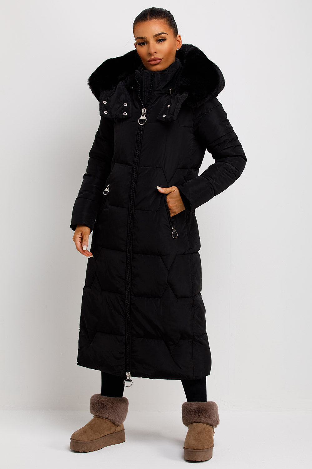 Adaline | Women’s long puffer padded coat with faux fur hood
