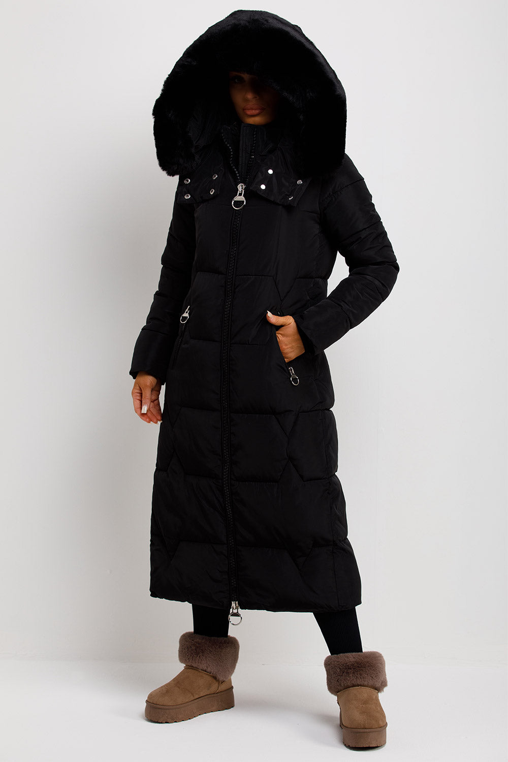 Adaline | Women’s long puffer padded coat with faux fur hood