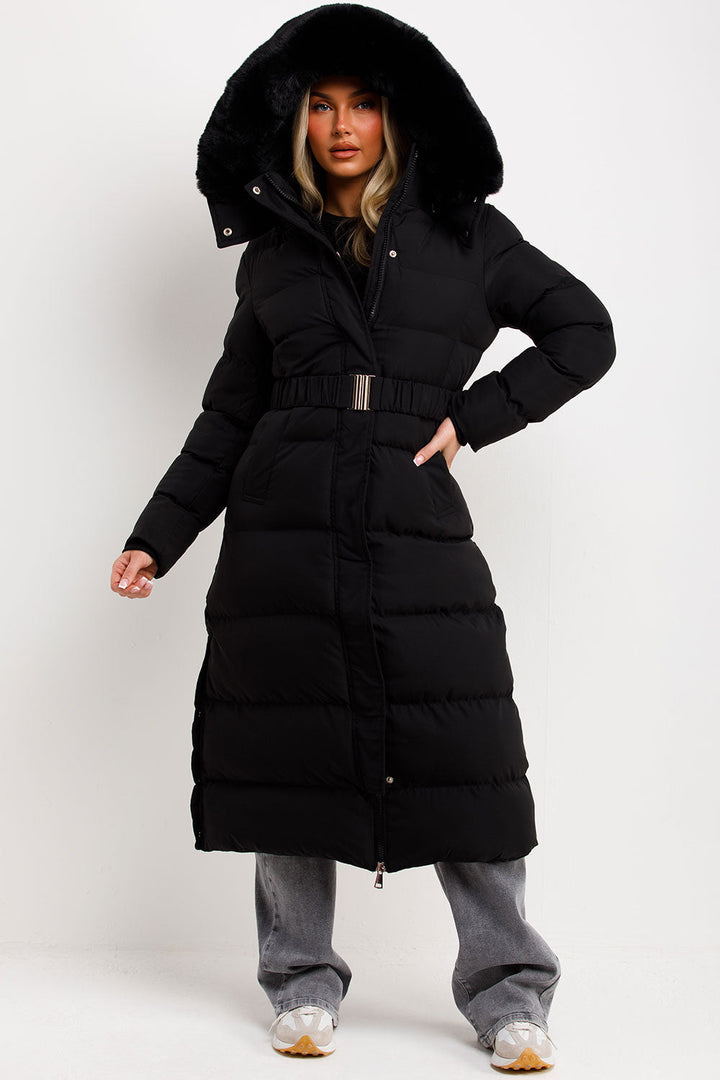 Reeva | Women’s long puffer coat with faux fur hood and belt