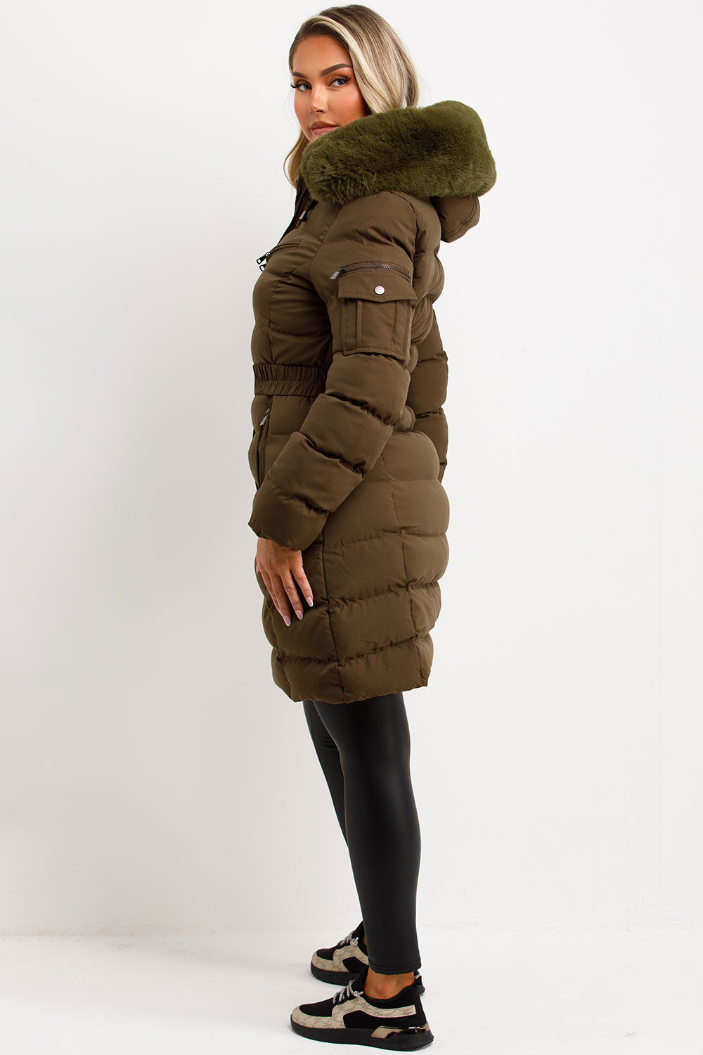 Lillie | Women’s longline belted puffer coat with faux fur hood