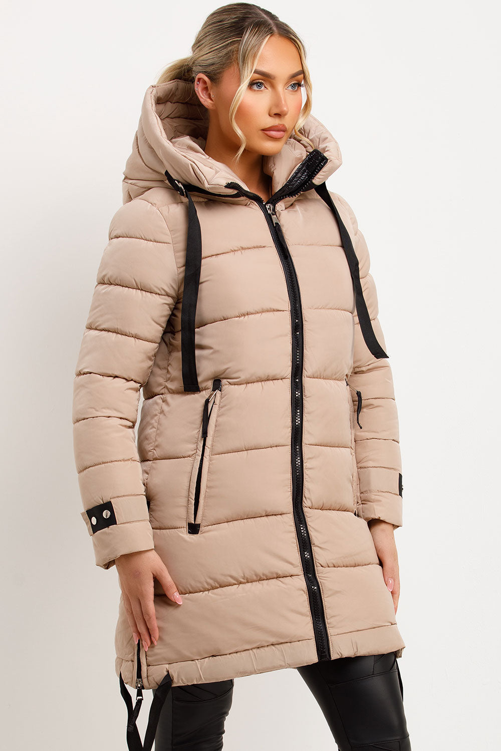 Joelle | Women’s long hooded puffer coat with side strap detail