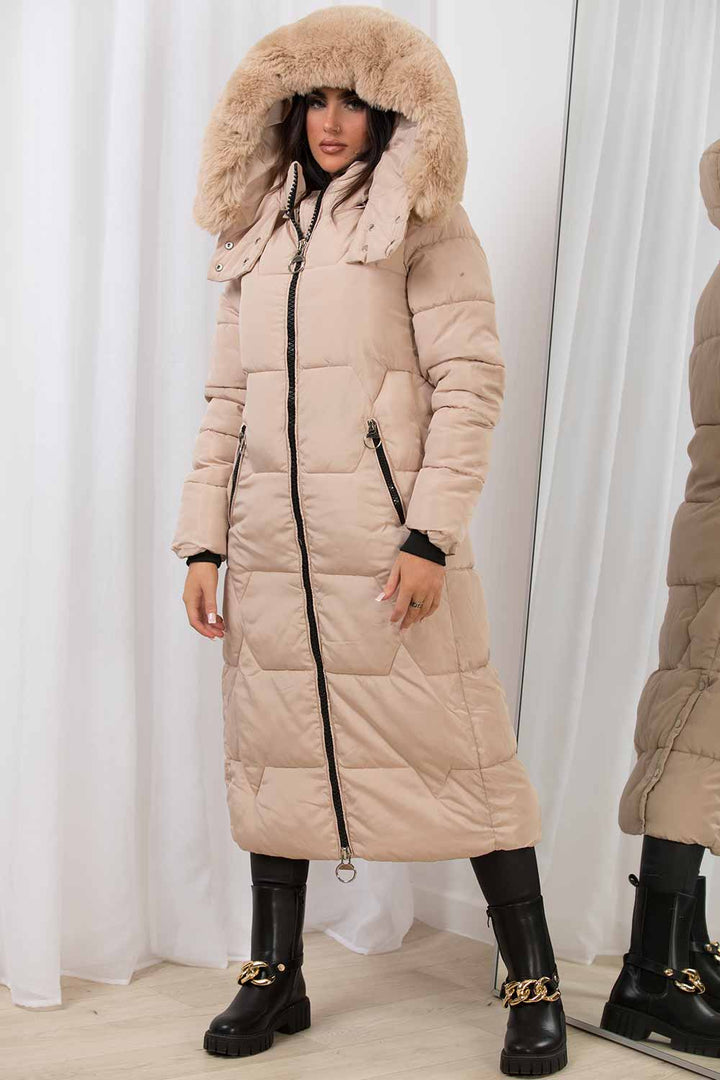 Arleth | Women’s long puffer padded coat with faux fur hood