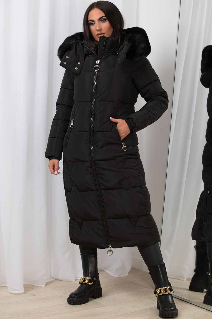 Adaline | Women’s long puffer padded coat with faux fur hood