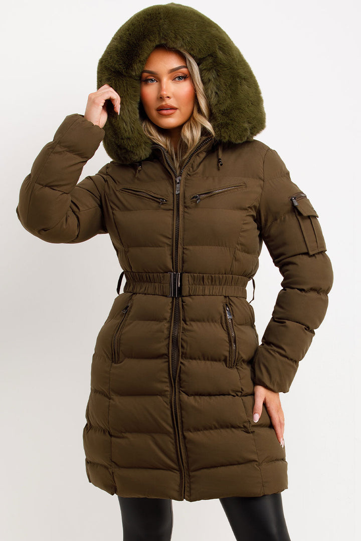 Lillie | Women’s longline belted puffer coat with faux fur hood
