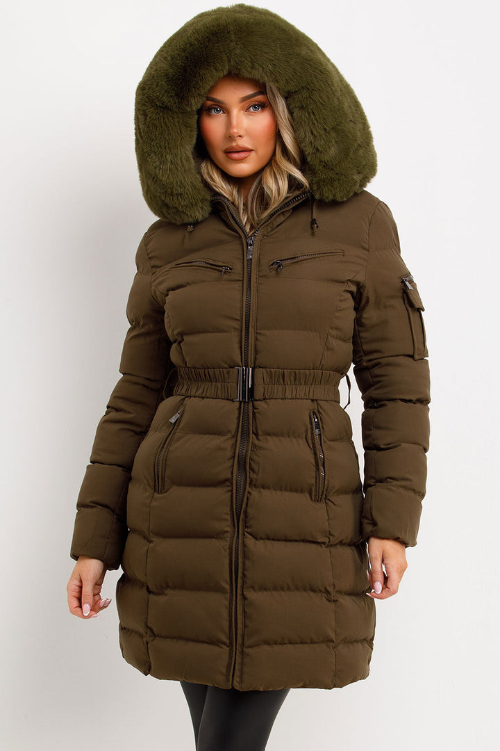 Lillie | Women’s longline belted puffer coat with faux fur hood