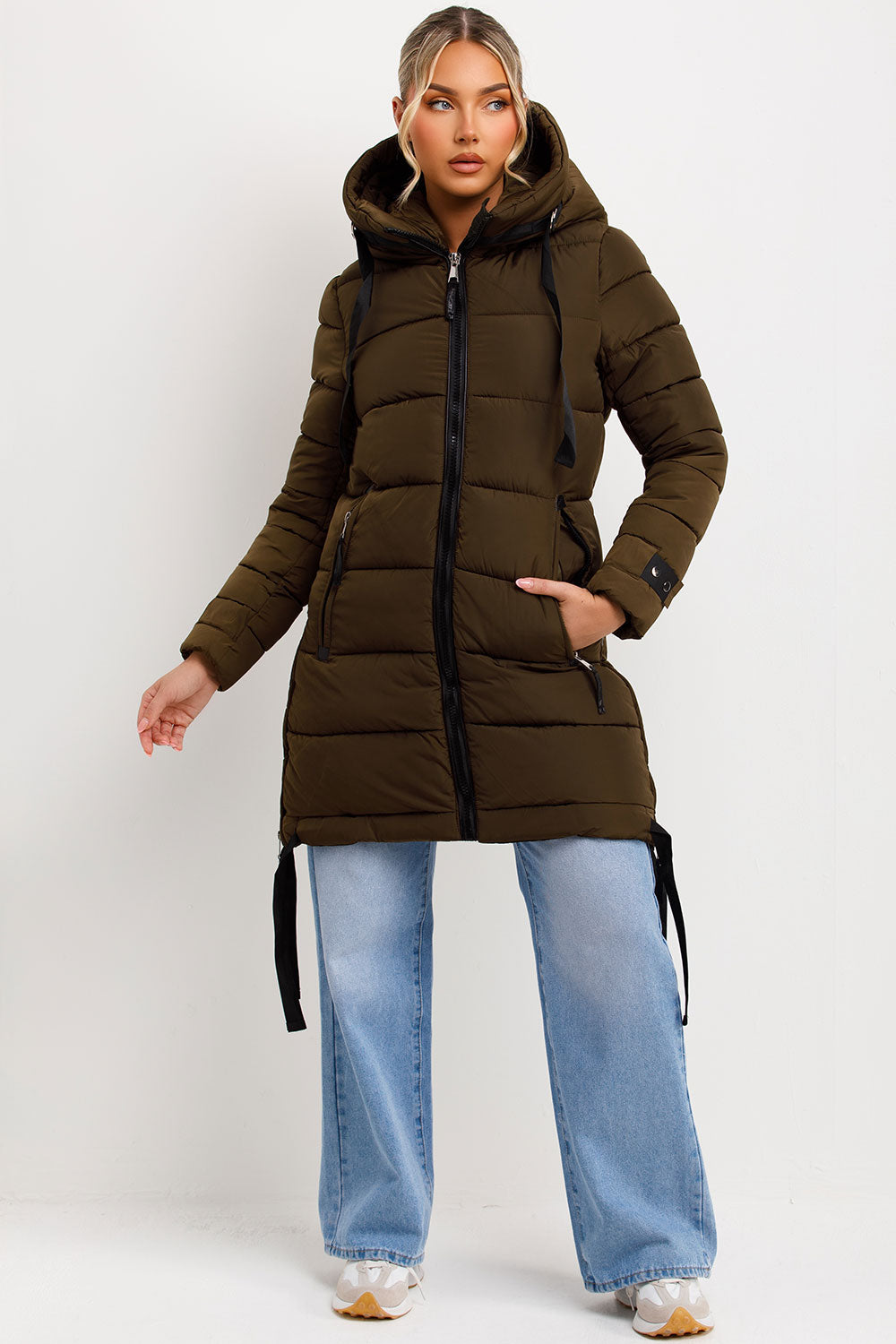 Solana | Women’s long hooded puffer coat with side strap detail