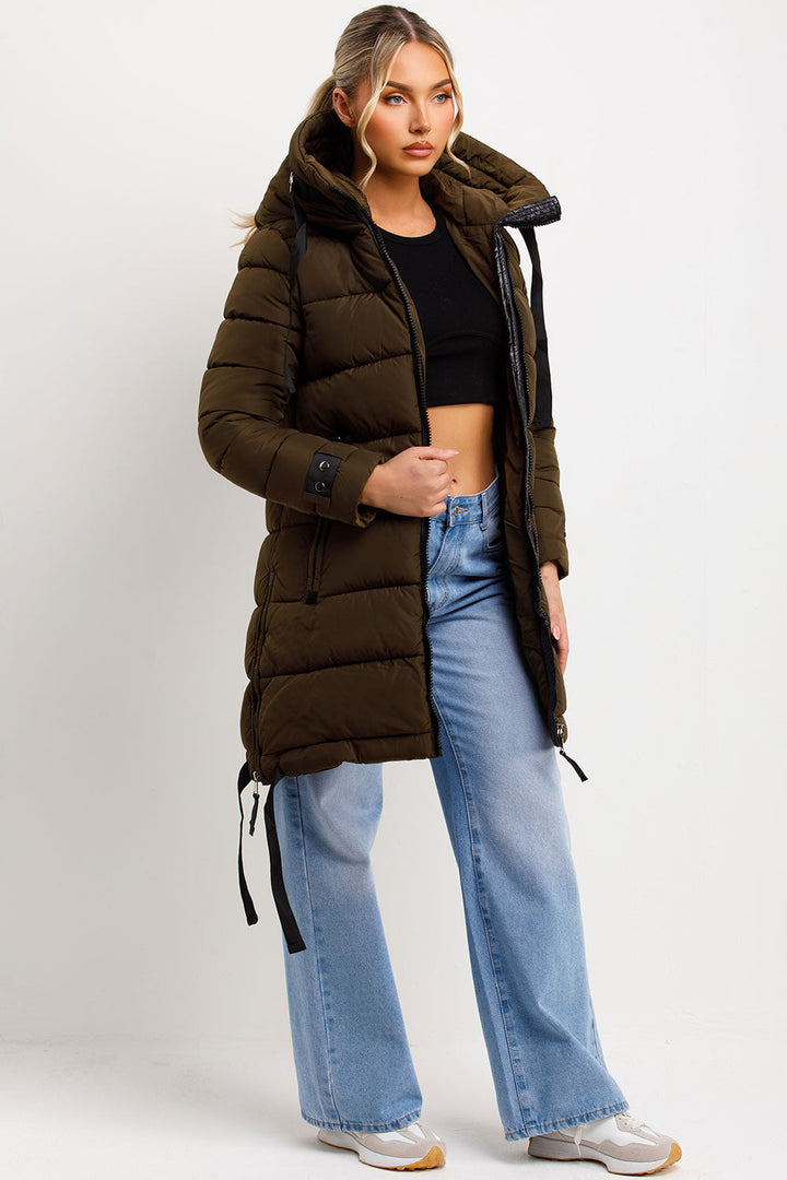 Solana | Women’s long hooded puffer coat with side strap detail
