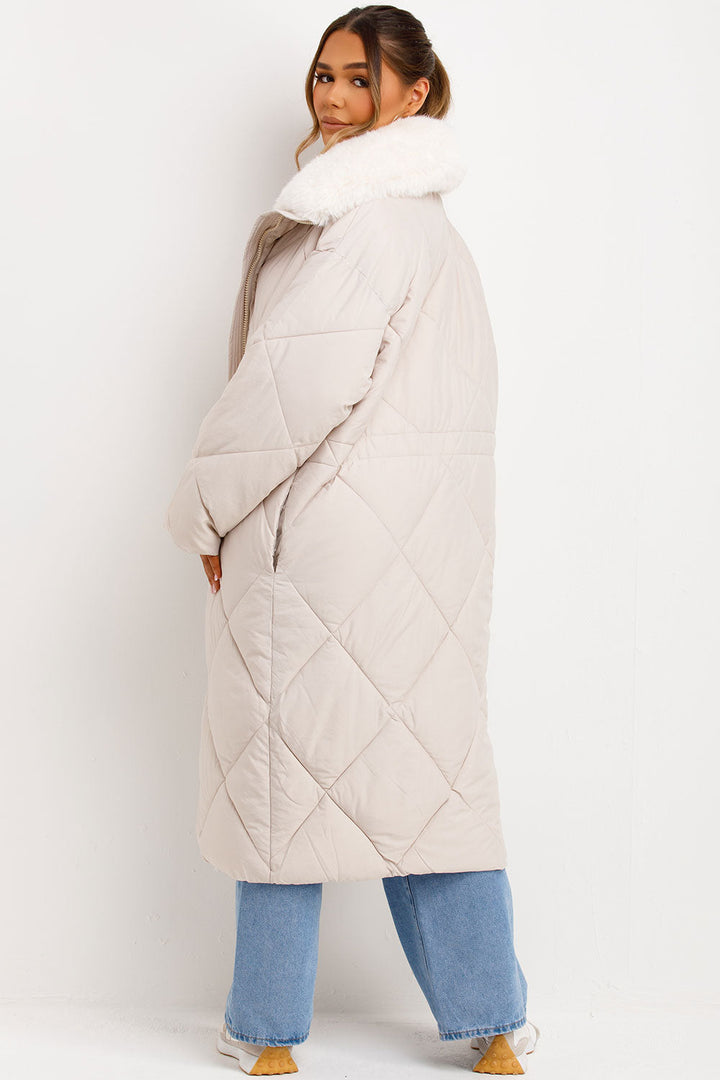 Geline | Women’s long quilted winter coat with faux fur collar