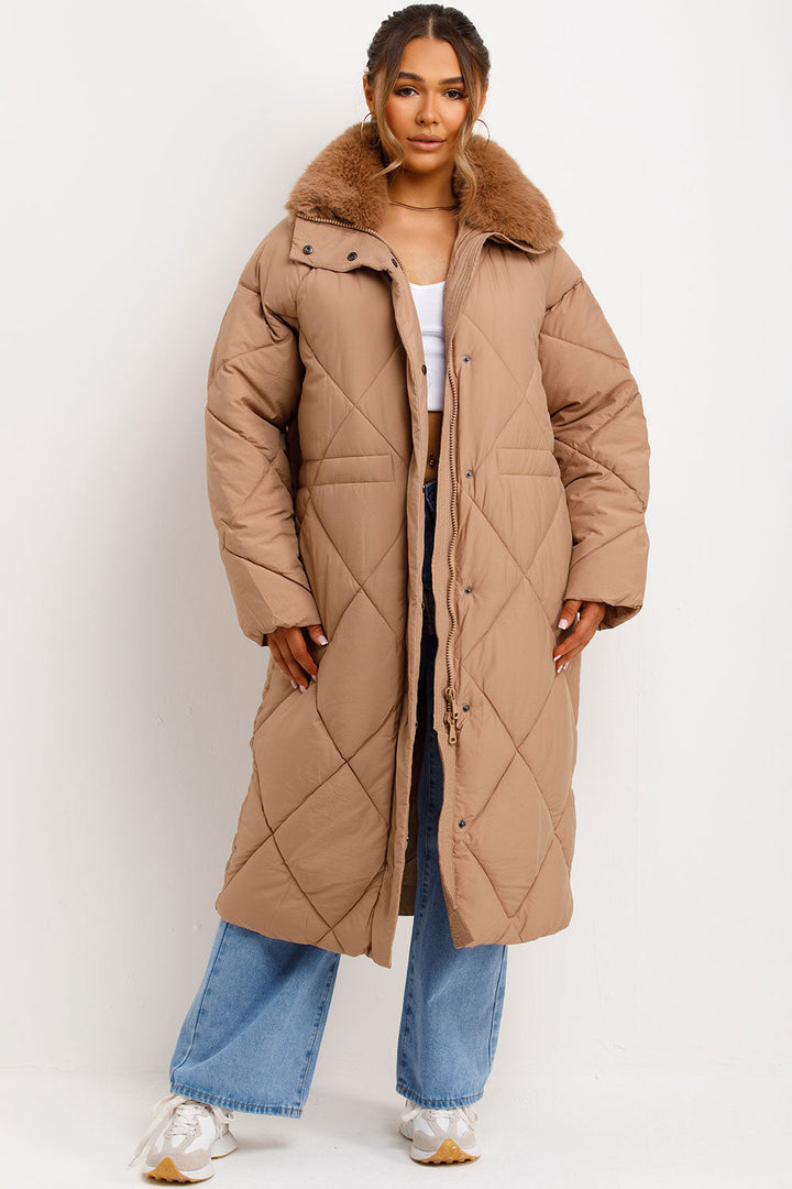 Violette | Women’s long quilted puffer coat with faux fur collar