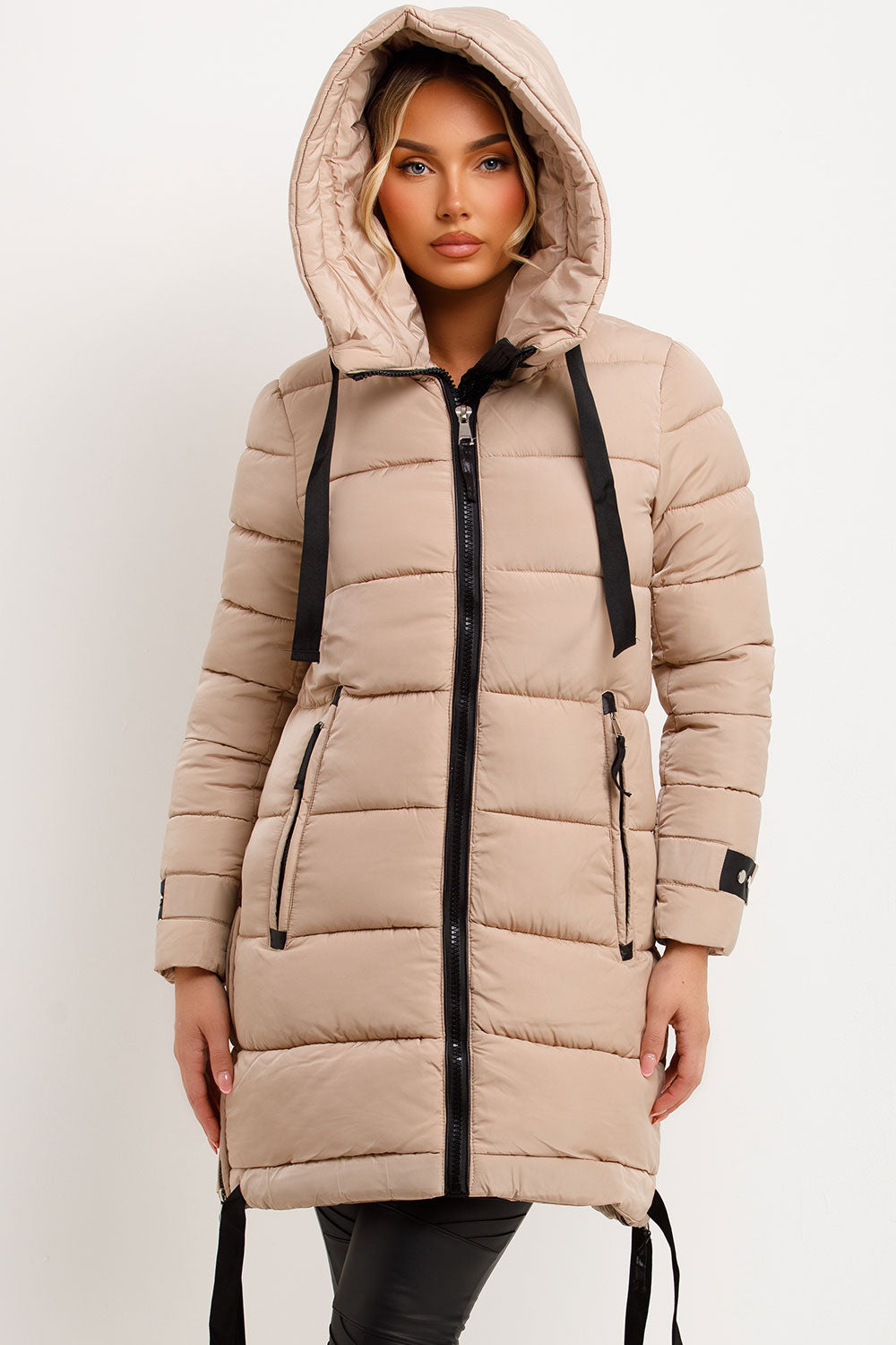 Joelle | Women’s long hooded puffer coat with side strap detail