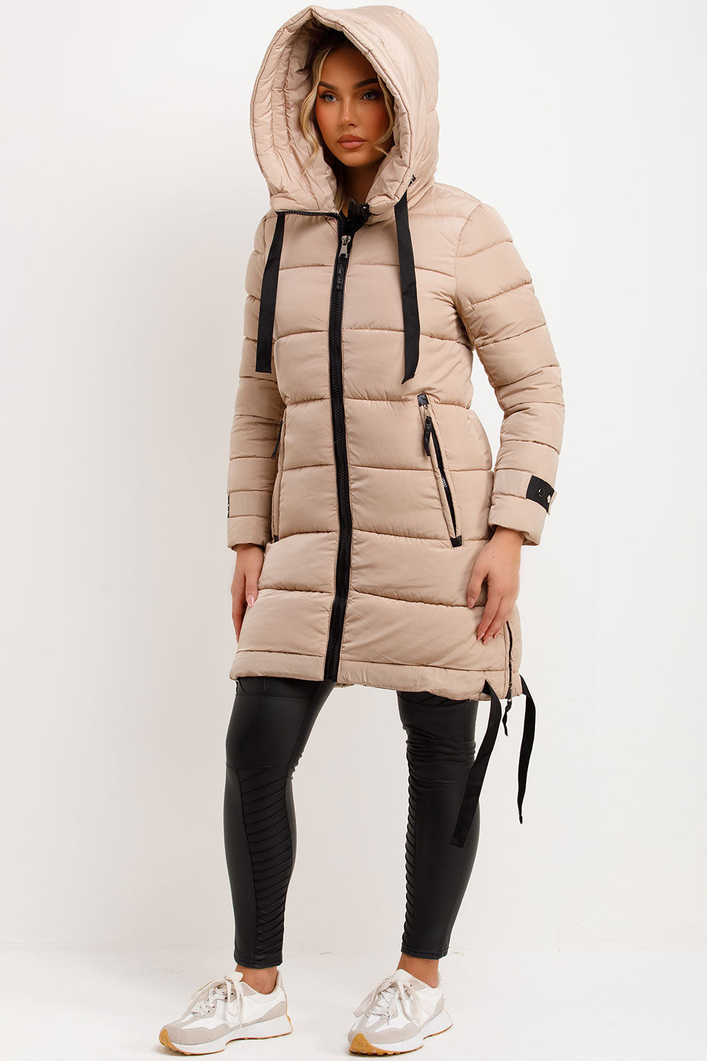 Joelle | Women’s long hooded puffer coat with side strap detail