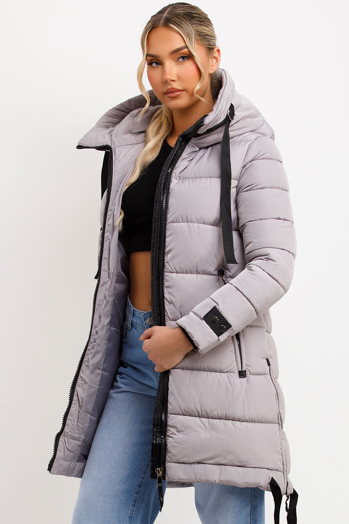 Bailee | Women’s long hooded puffer coat with side strap detail