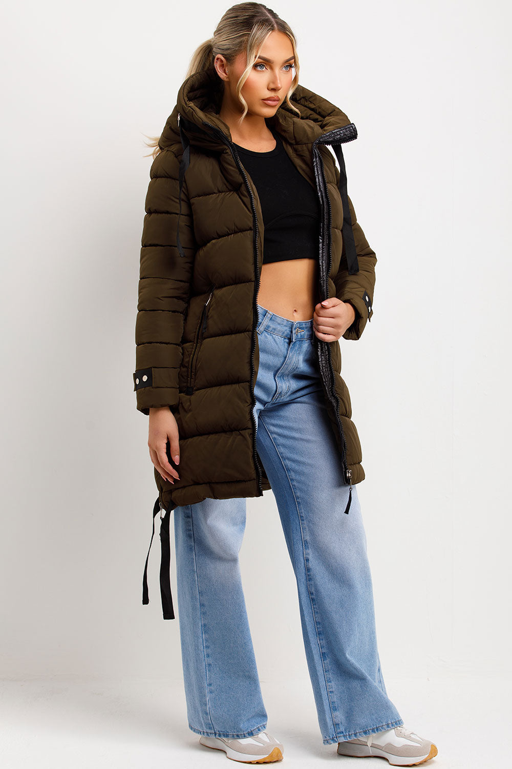 Solana | Women’s long hooded puffer coat with side strap detail