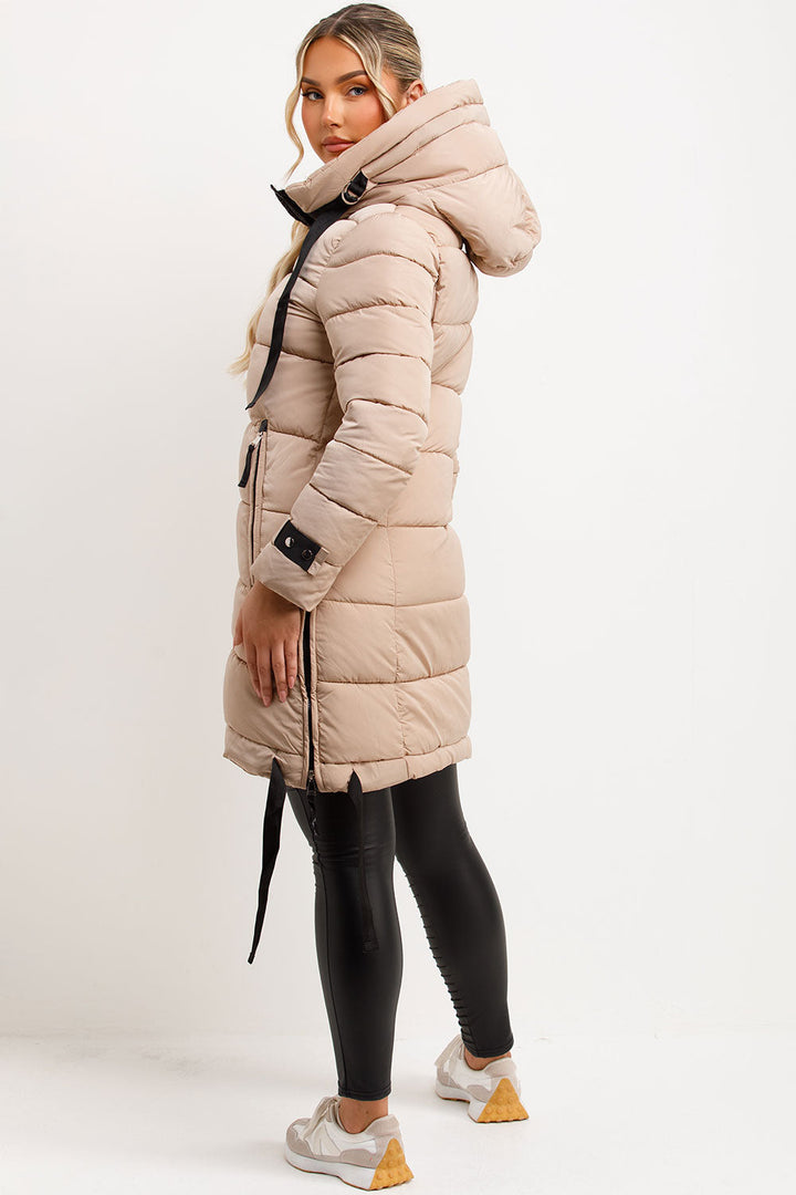 Joelle | Women’s long hooded puffer coat with side strap detail
