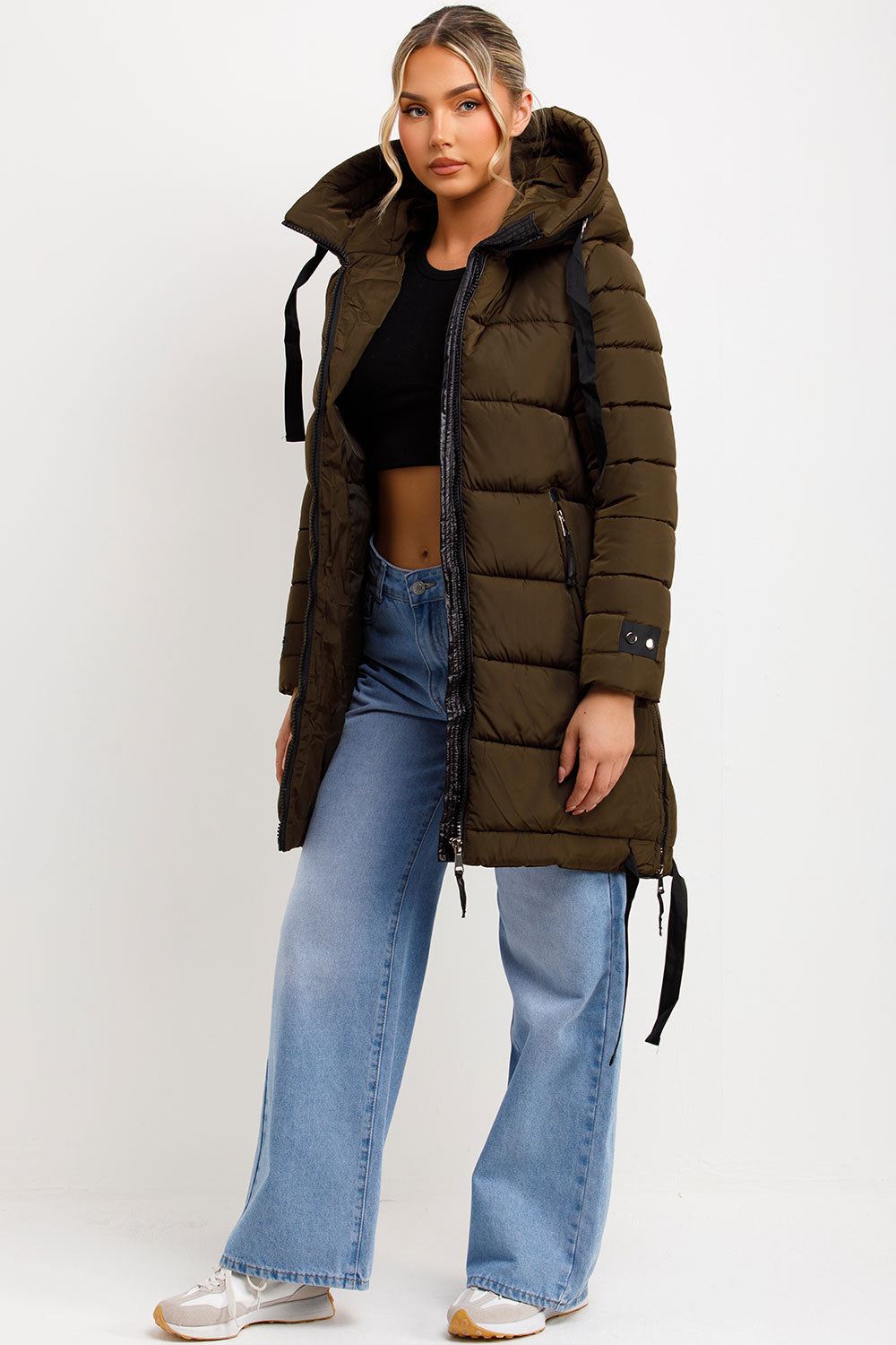 Solana | Women’s long hooded puffer coat with side strap detail