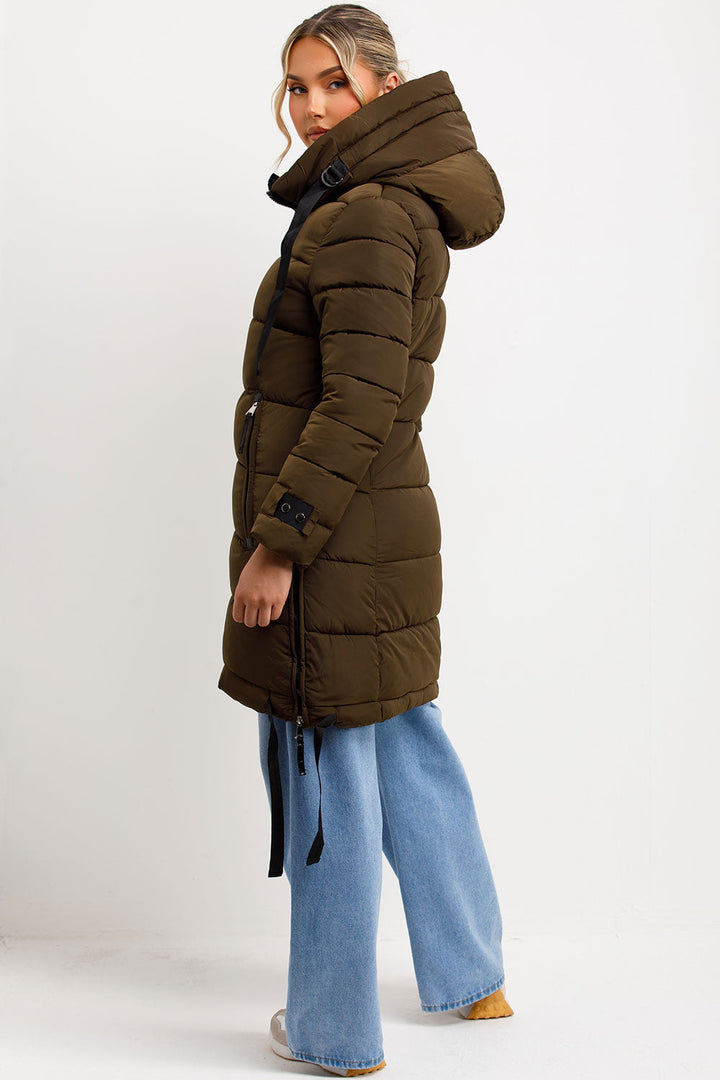 Solana | Women’s long hooded puffer coat with side strap detail