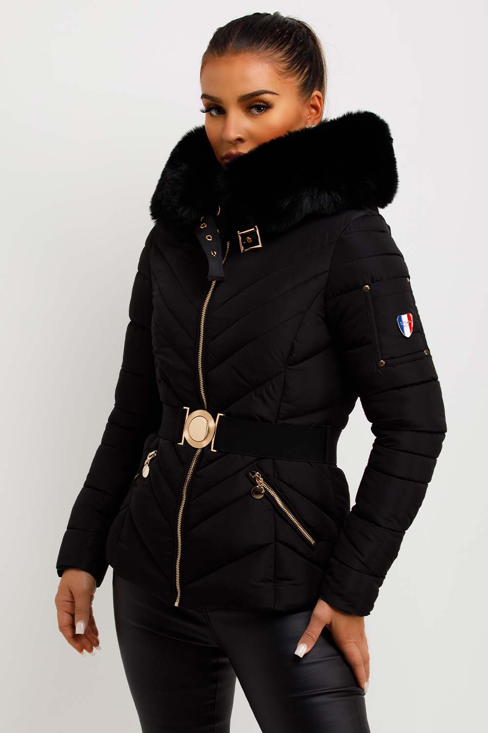 Dalia | Women’s belted puffer jacket with faux-fur hood