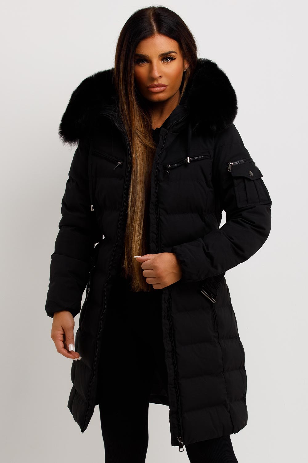 Khloe | Women’s long puffer coat with faux fur hood