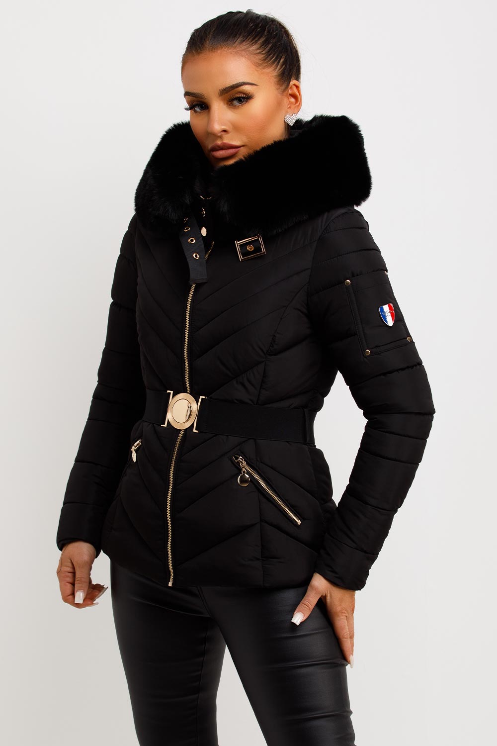Dalia | Women’s belted puffer jacket with faux-fur hood