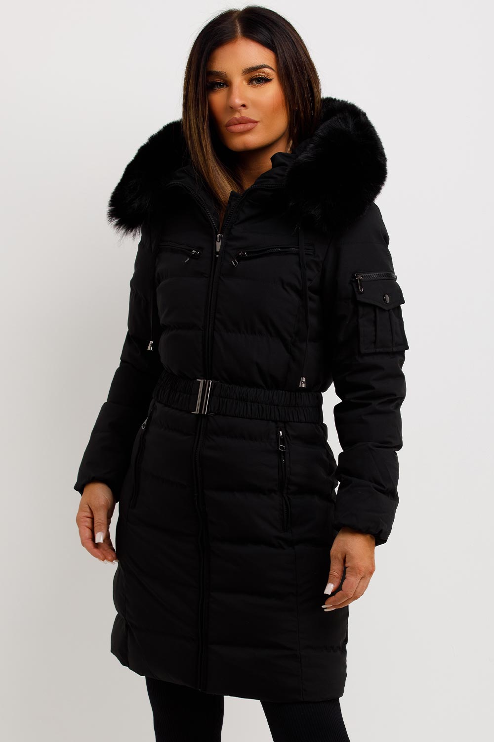 Khloe | Women’s long puffer coat with faux fur hood