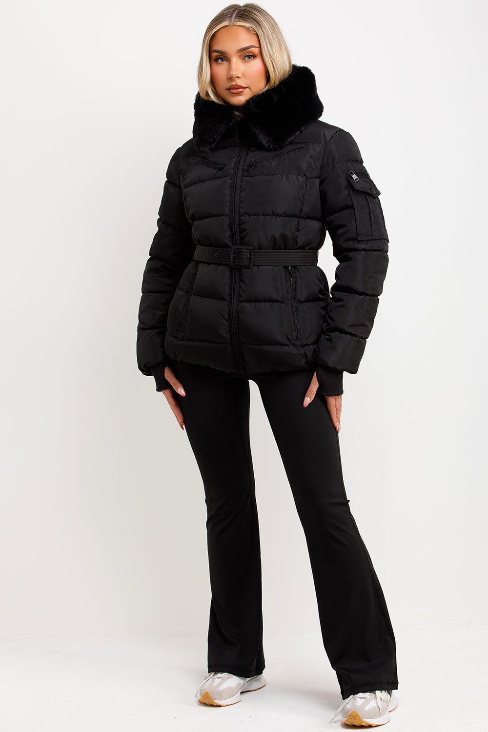 Jaylen | Women’s belted puffer jacket with faux fur hood