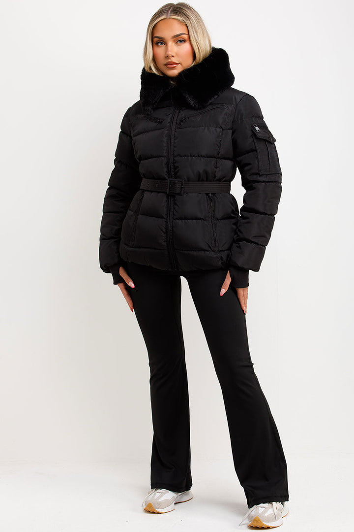 Jaylen | Women’s belted puffer jacket with faux fur hood