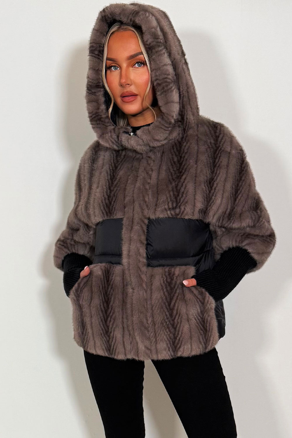 Meagan | Women’s faux fur hooded jacket with contrast pockets