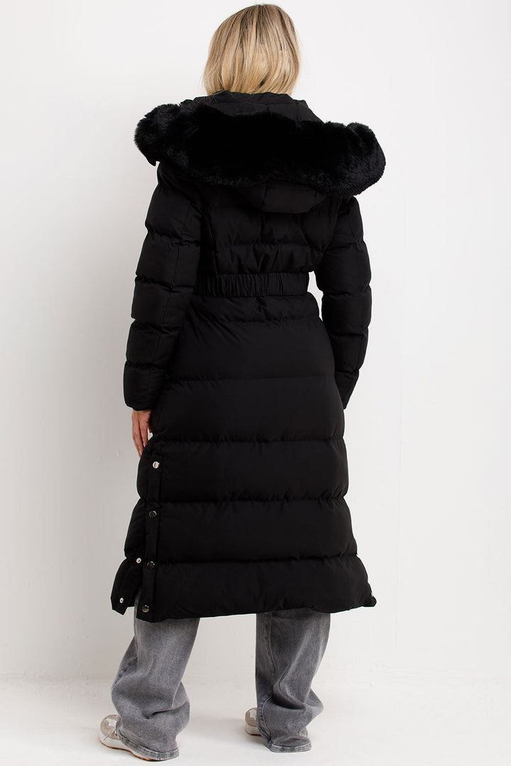 Reeva | Women’s long puffer coat with faux fur hood and belt