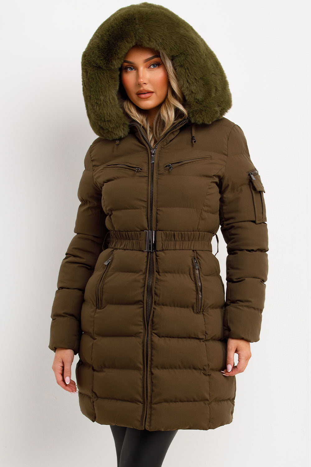 Lillie | Women’s longline belted puffer coat with faux fur hood