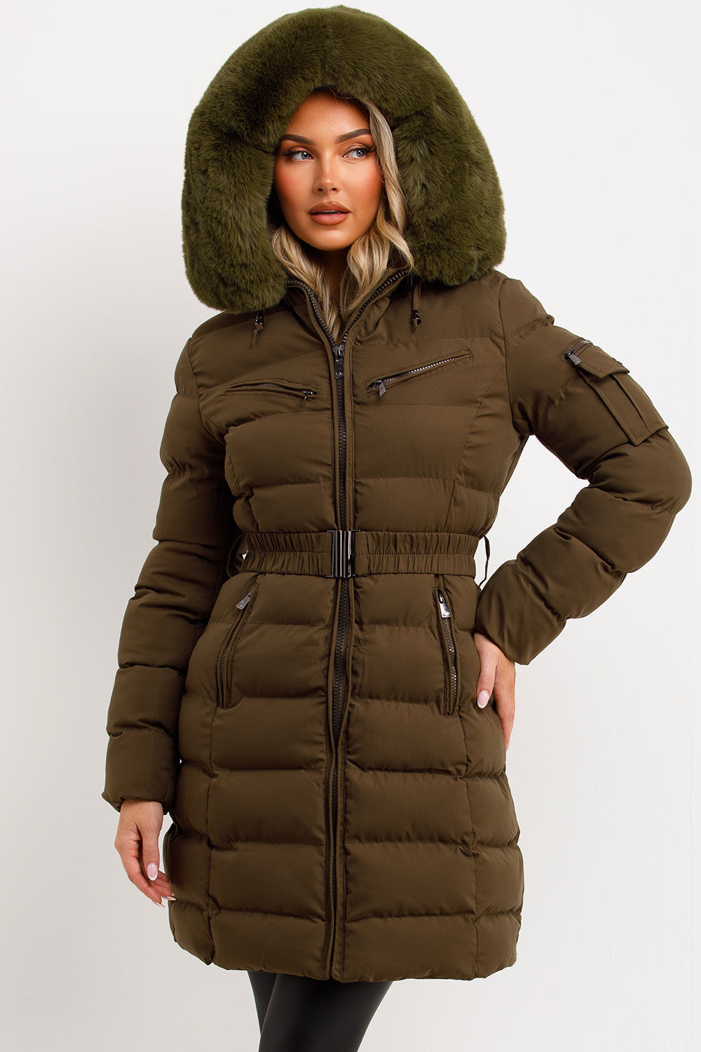 Lillie | Women’s longline belted puffer coat with faux fur hood