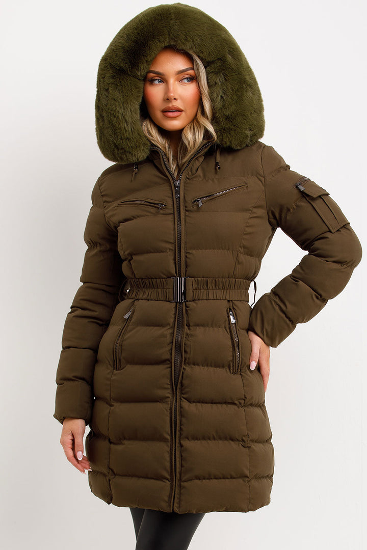 Lillie | Women’s longline belted puffer coat with faux fur hood