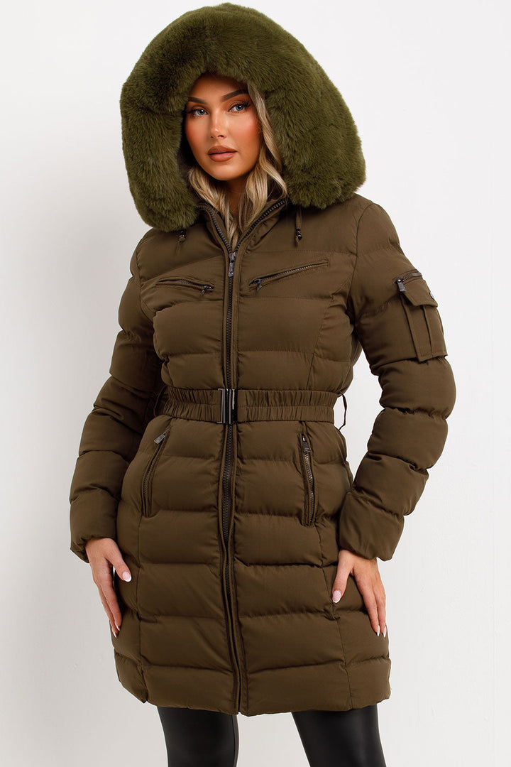 Lillie | Women’s longline belted puffer coat with faux fur hood