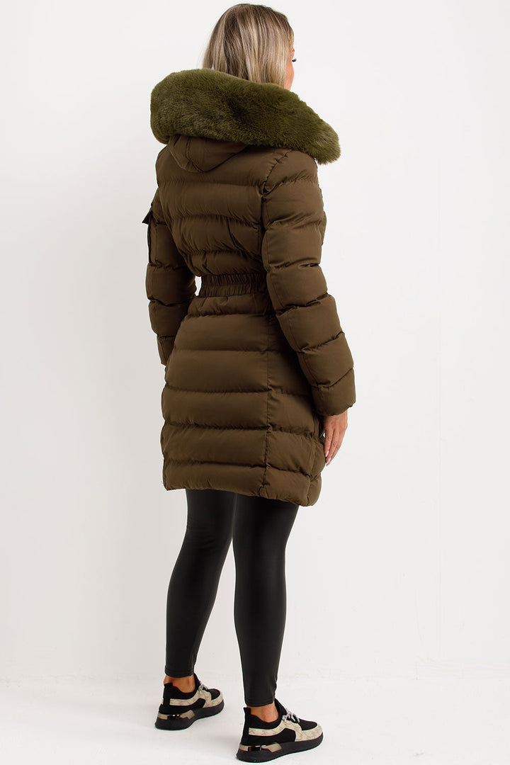 Lillie | Women’s longline belted puffer coat with faux fur hood