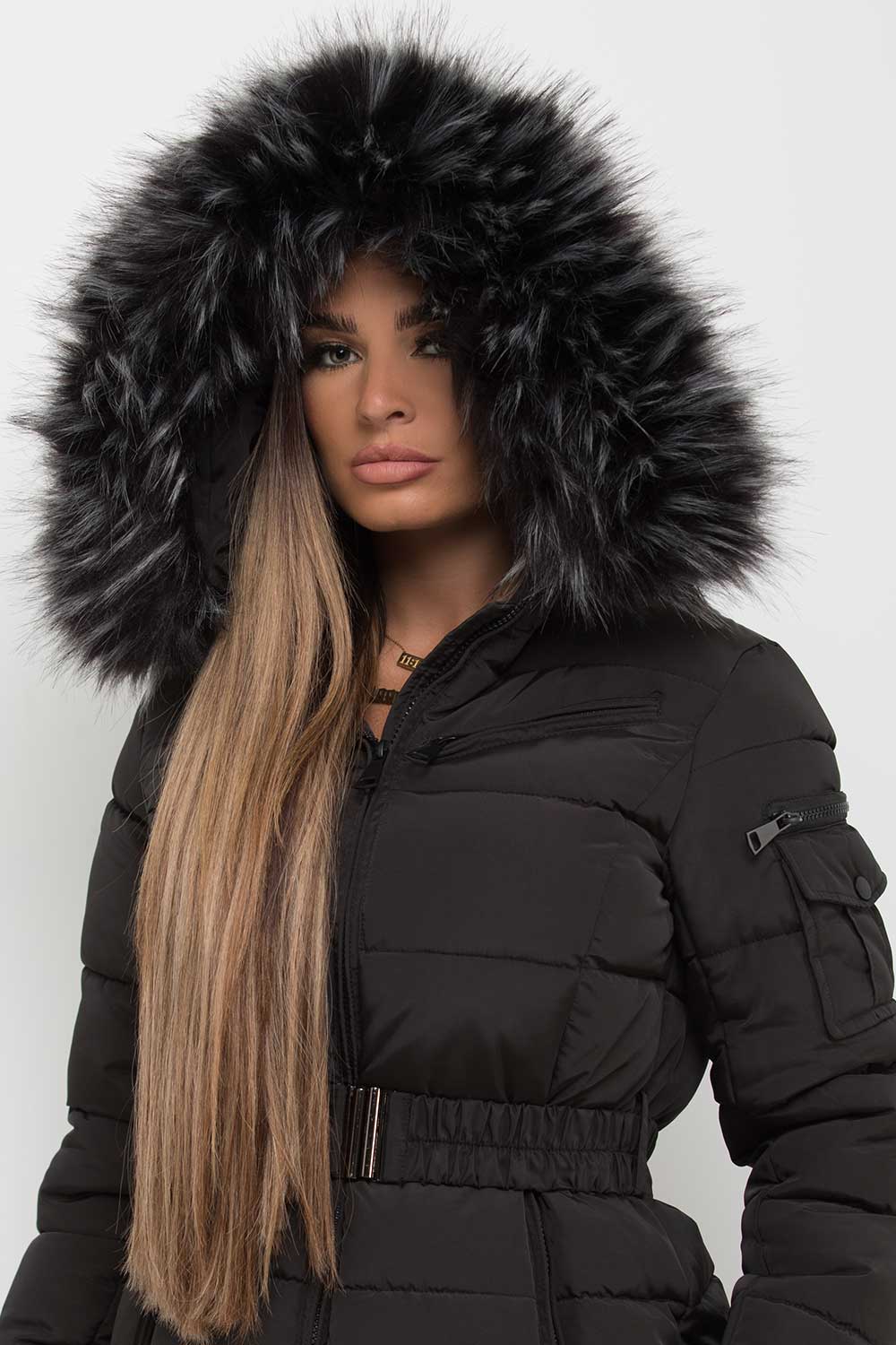 Reya | Women’s belted puffer jacket with faux-fur hood