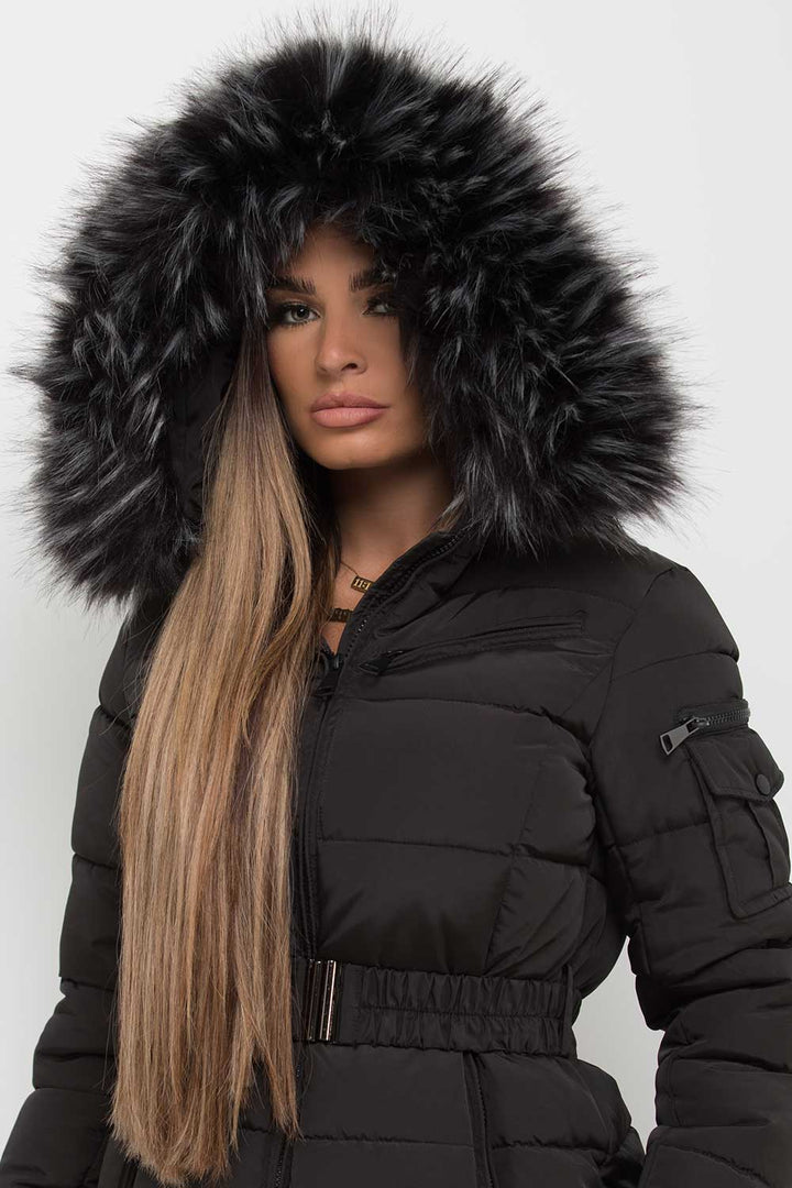 Reya | Women’s belted puffer jacket with faux-fur hood