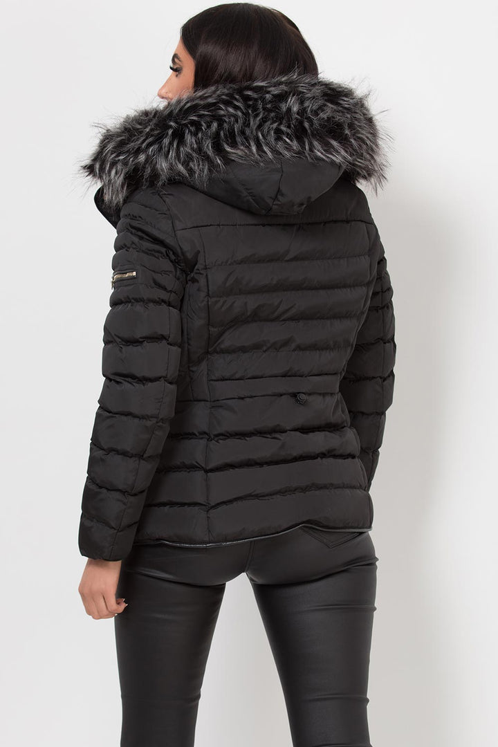 Lilian | Women’s black hooded faux fur trim puffer jacket