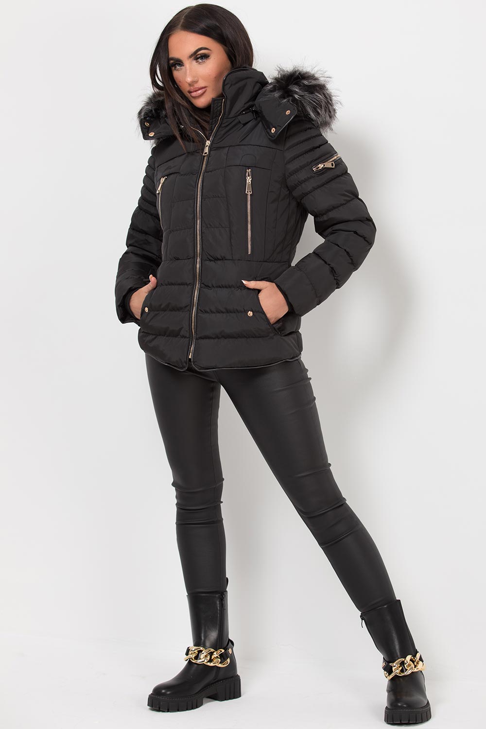 Lilian | Women’s black hooded faux fur trim puffer jacket