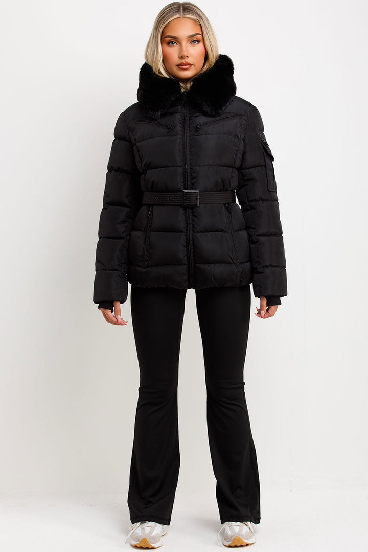 Jaylen | Women’s belted puffer jacket with faux fur hood