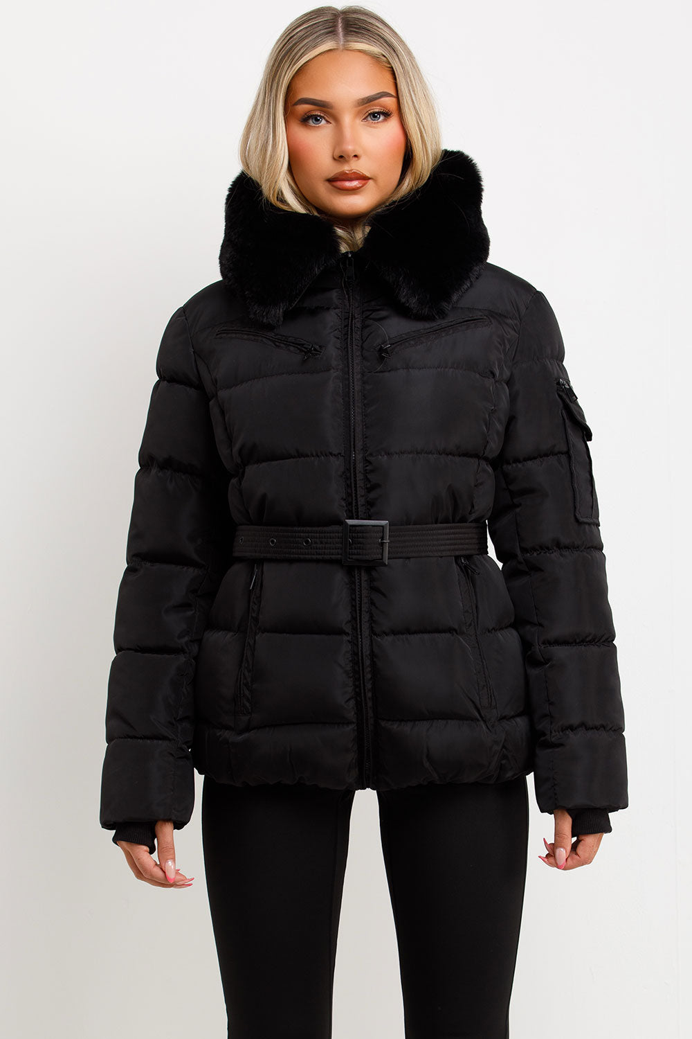 Jaylen | Women’s belted puffer jacket with faux fur hood