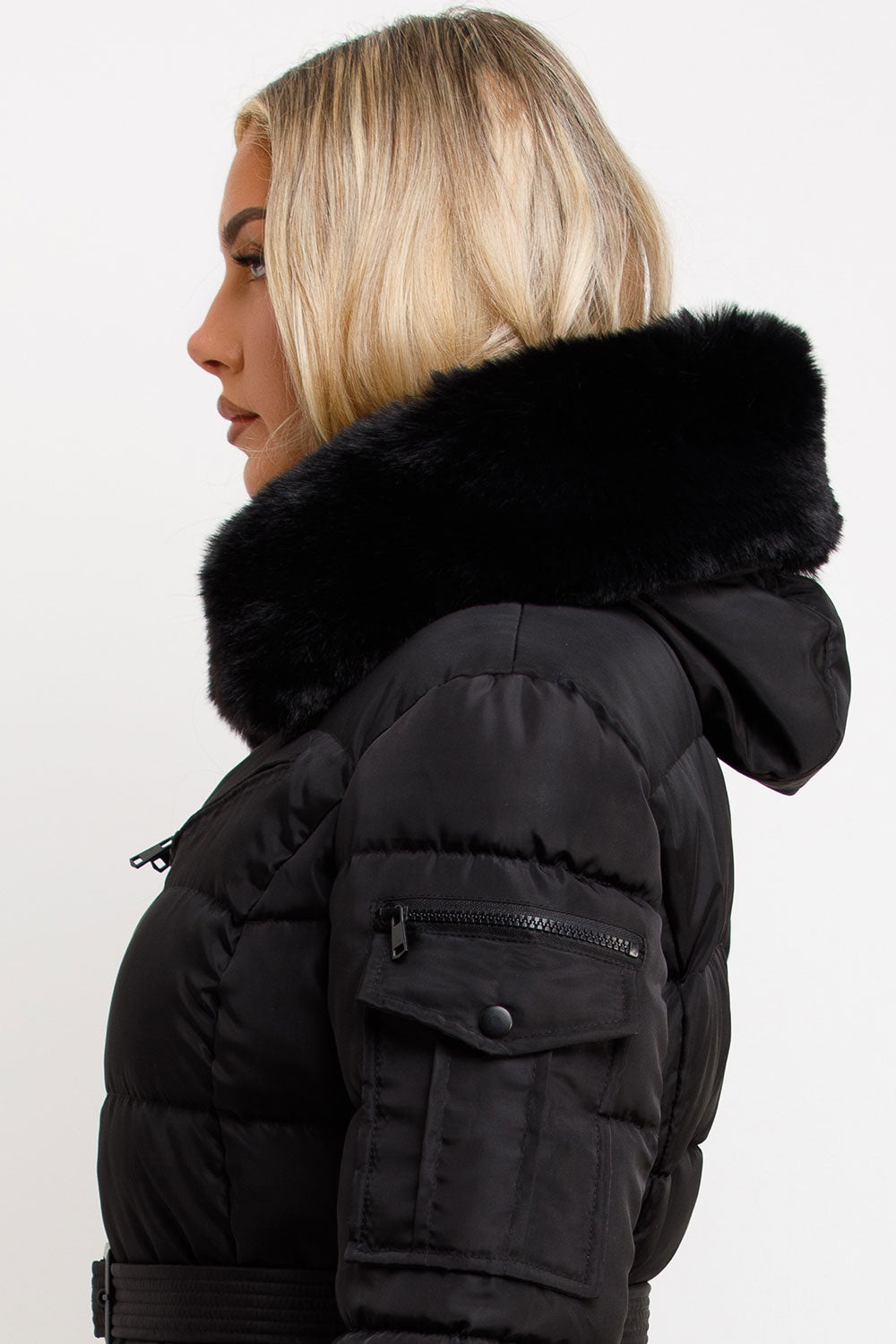 Jaylen | Women’s belted puffer jacket with faux fur hood